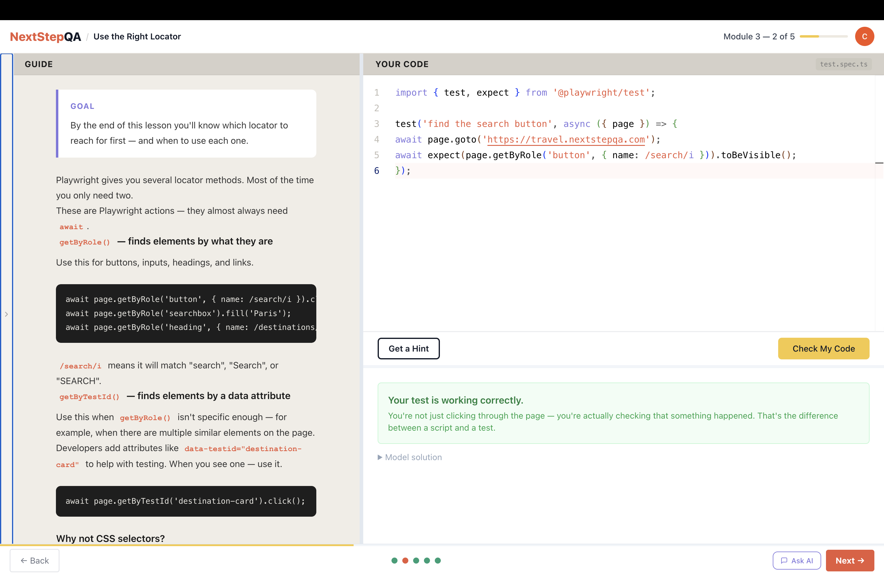 NextStepQA lesson — write code and get instant AI feedback